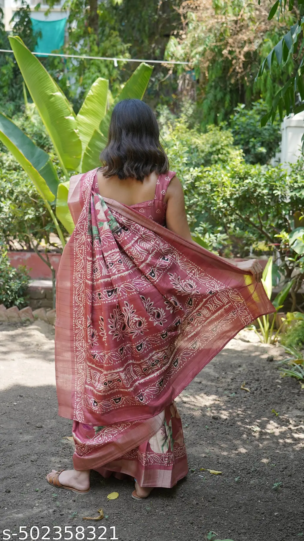 Floral Silk Blend Saree Blouse Coral - Image 3