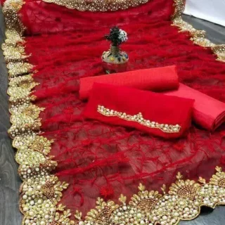 Red Bead & Stone Begumpuri Blouse