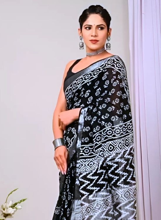Ajrakh Kalamkari Cotton Linen Saree - Image 3
