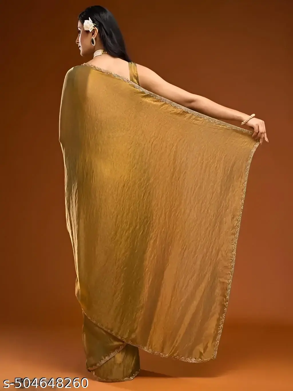 Golden Chiffon Lace Saree - Image 2