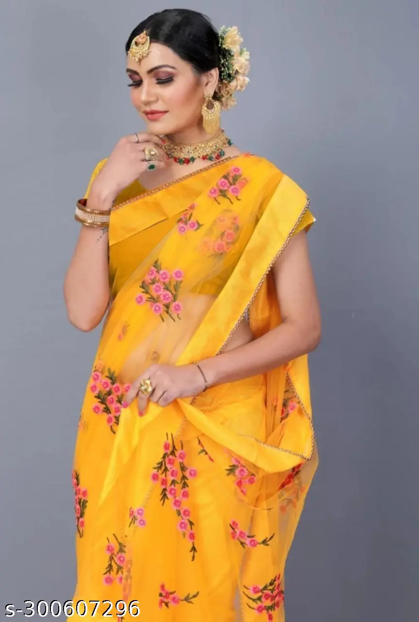 Yellow Moti Work Flower Net Saree - Image 2