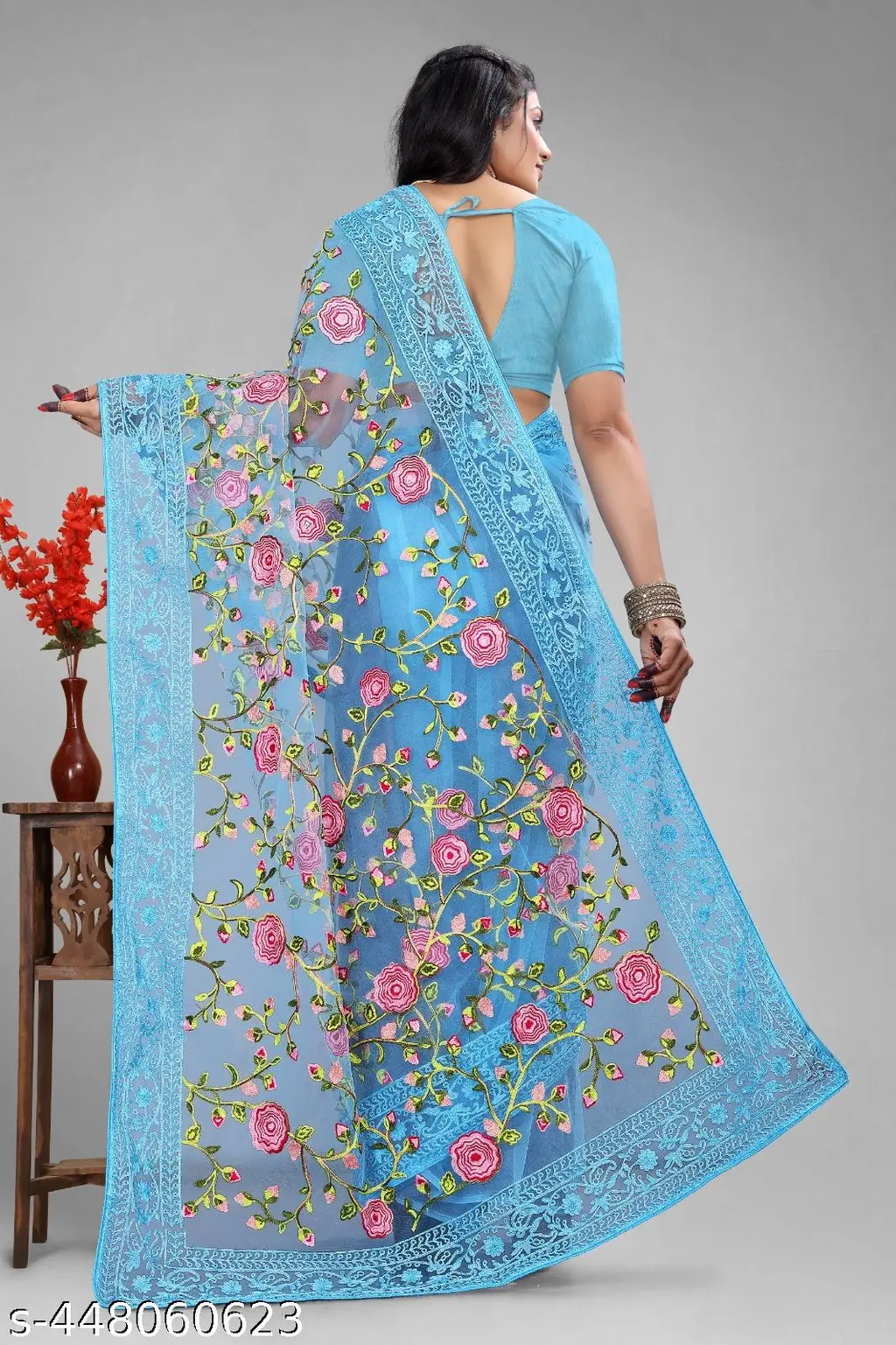 Embroidered Floral Net Saree Blouse Piece - Image 2
