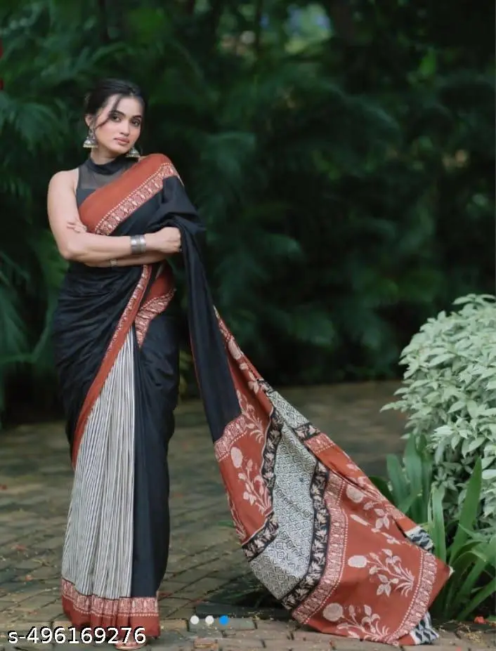 Bagru Hand Block Print Mulmul Saree - Image 3