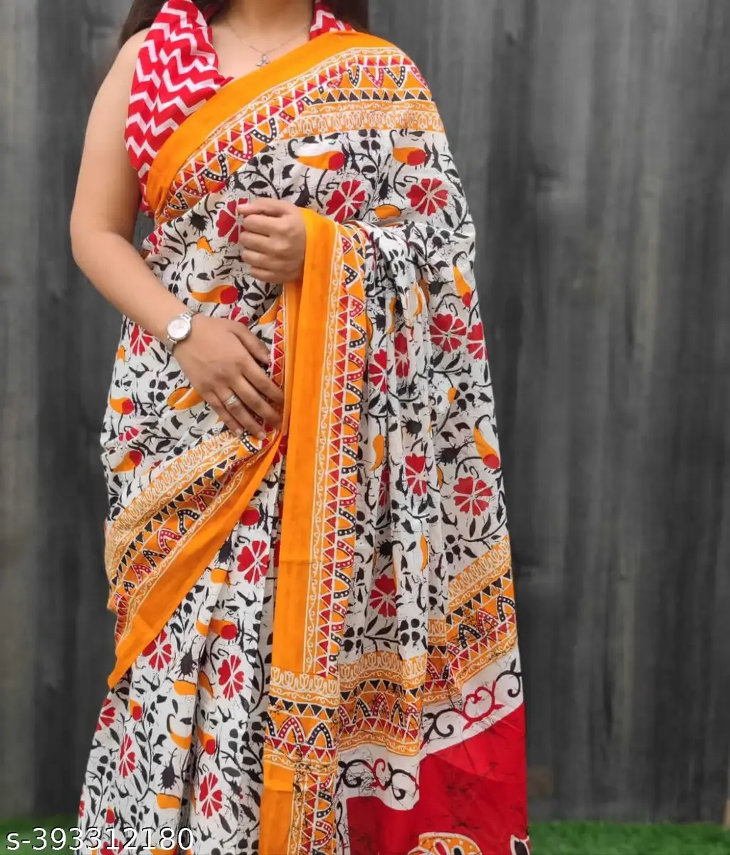 Jaipuri Hand Block Printed Cotton Mulmul Saree - Image 4