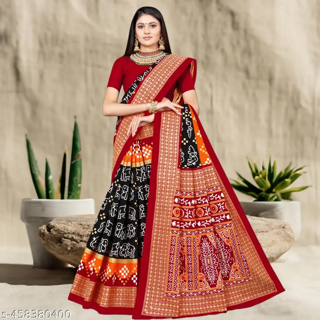 Red Zari Border Cotton Blend Saree - Image 2