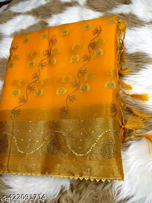 Swarovski Stone Organza Silk Saree - Image 4