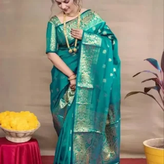 Emerald Silk Blouse: Banarasi Charm, Tassels
