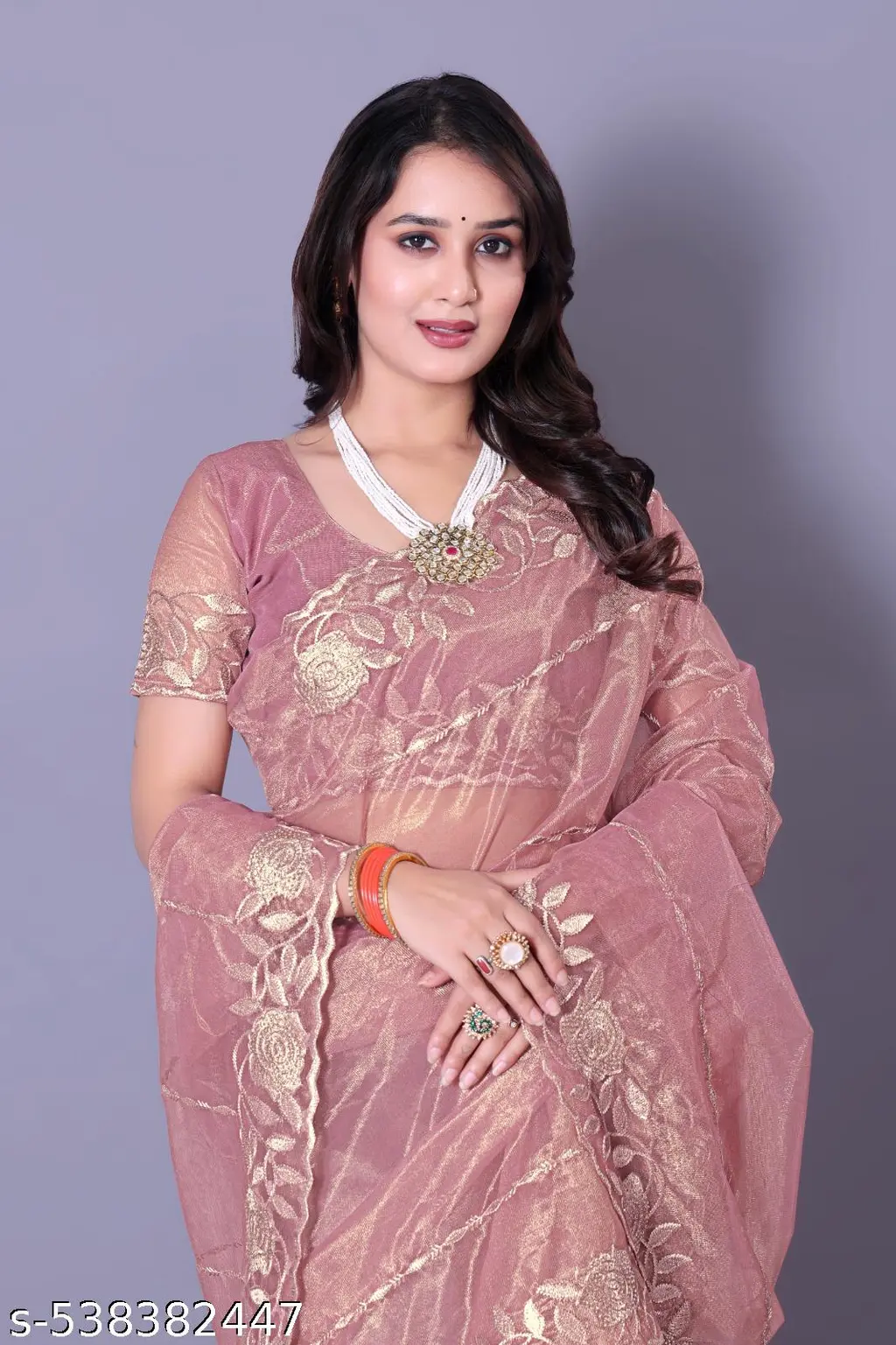 Embroidered Net Saree with Diamond Blouse - Image 2