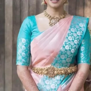 Peach Kanchivaram Silk Saree Sky Blue