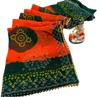 9dcto_1024.webp Rabdi Ghevar Bandhani Saree: Orange & Green