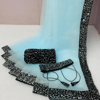 Sequined Net Sari with Unstitched Blouse