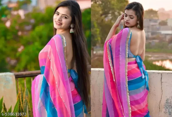 b52x3_1024.webp Multicolor Striped Bollywood Georgette Saree