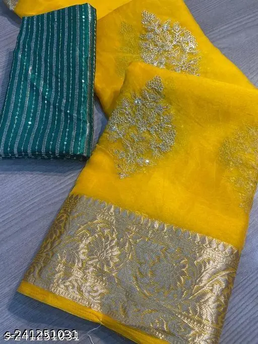 Yellow Organza Zari Saree with Silk Blouse - Image 2