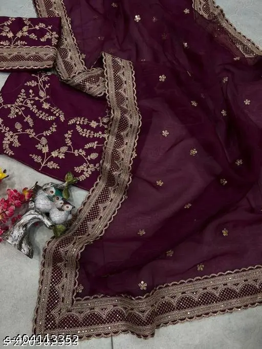 Embroidered Cotton Saree: Thread & Sequins - Image 3
