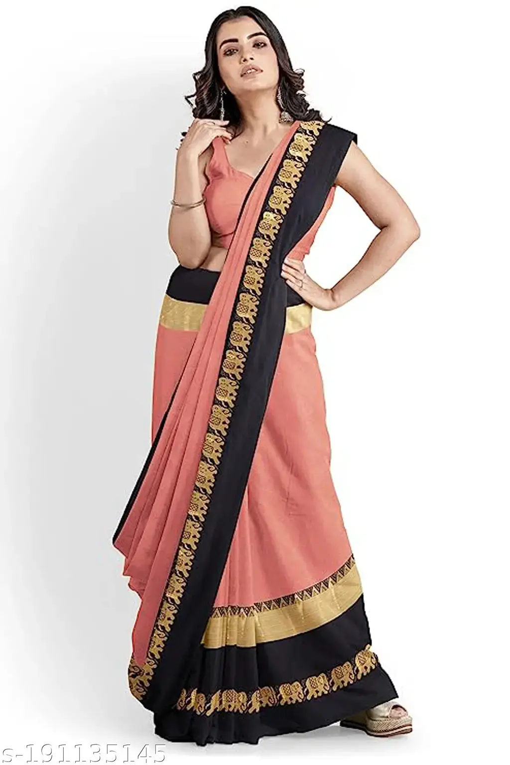 Gulabi & Black Hathi Silk Saree - Image 2