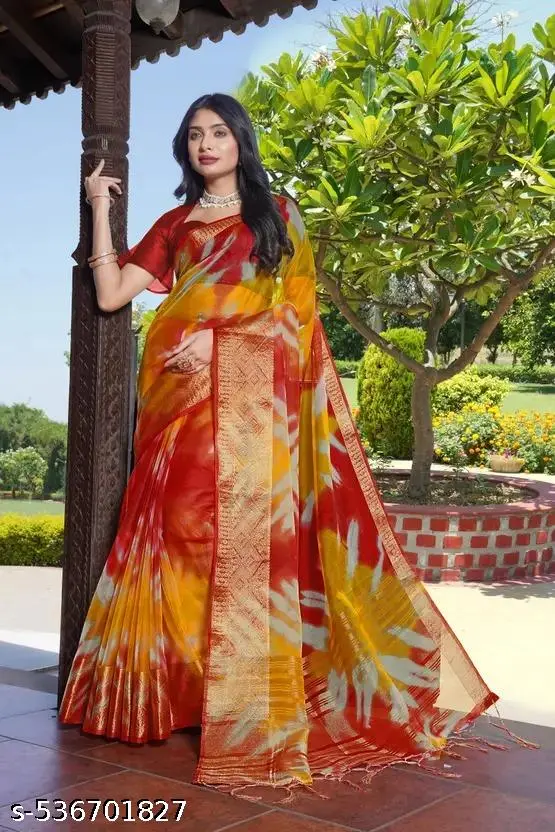Multicolor Organza Saree: Zari, Tassels & 3D - Image 2