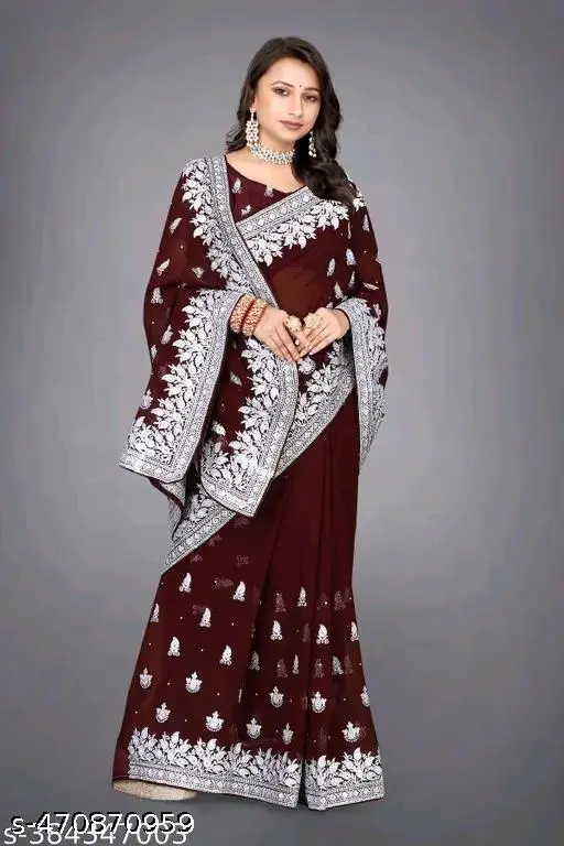 Maroon Georgette Saree: Silver Embroidery & Stones - Image 2