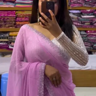 White Beaded Georgette Saree with Sequence Blouse