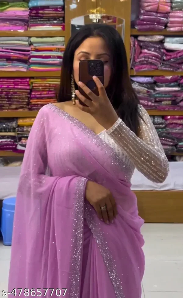 White Beaded Georgette Saree with Sequence Blouse