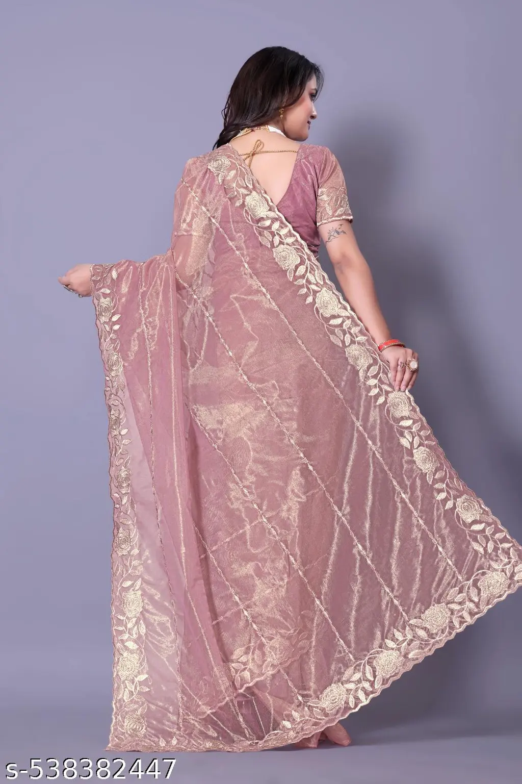Embroidered Net Saree with Diamond Blouse - Image 3