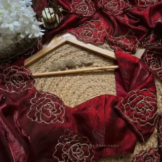 Silk Maroon Saree: Dori Work, Unstitched
