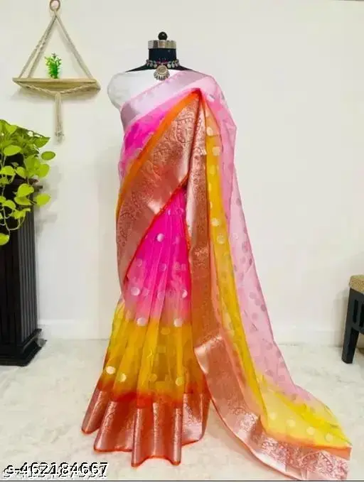 Pink Saree, Red Border, Jacquard Blouse - Image 3