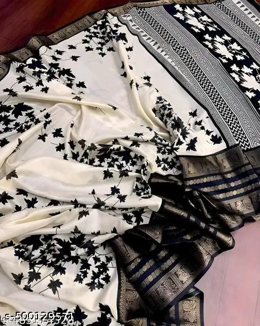 Dola Silk Saree: White, Black Print - Image 3