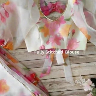 White Floral Organza Saree: Stitched Blouse