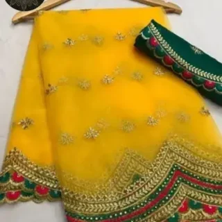 Yellow Organza Net Saree: Embroidered Elegance