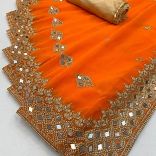 Mustard Embroidered Mirror Georgette Saree