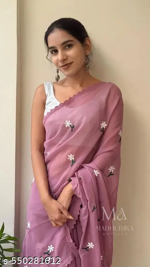 Embroidered Georgette Saree with White Blouse - Image 4