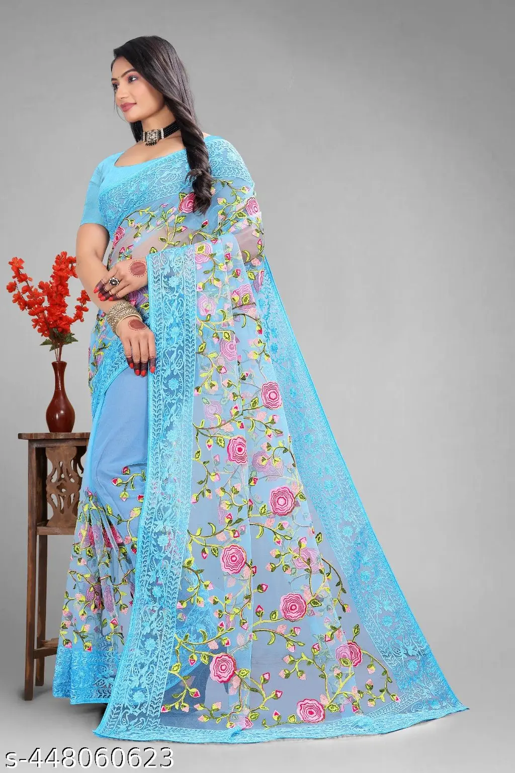 Embroidered Floral Net Saree Blouse Piece - Image 3