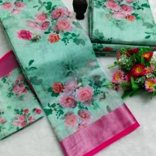 Evergreen Digital Print Linen Saree