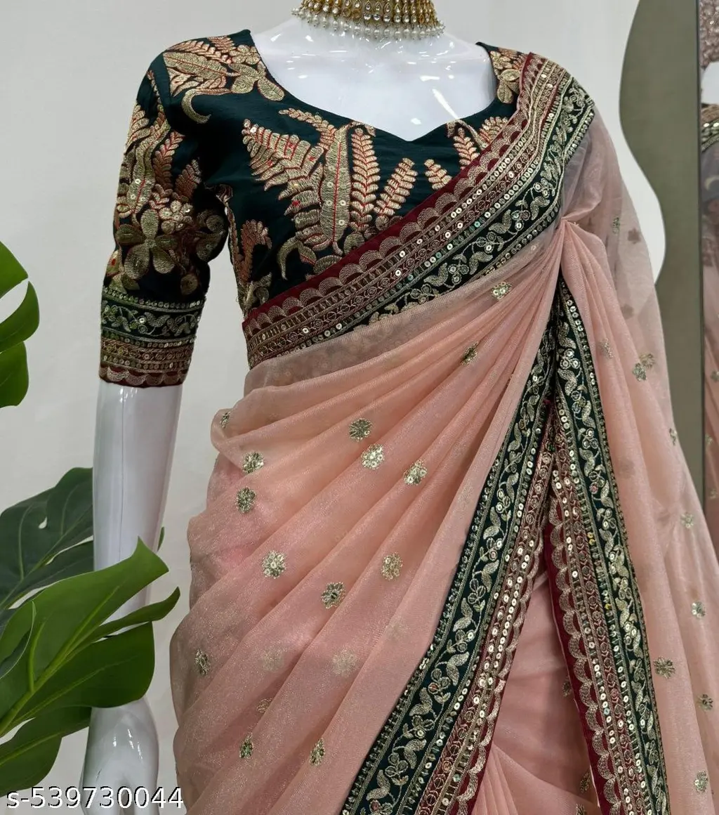 Peach Twill Net Embroidered Wedding Saree - Image 3