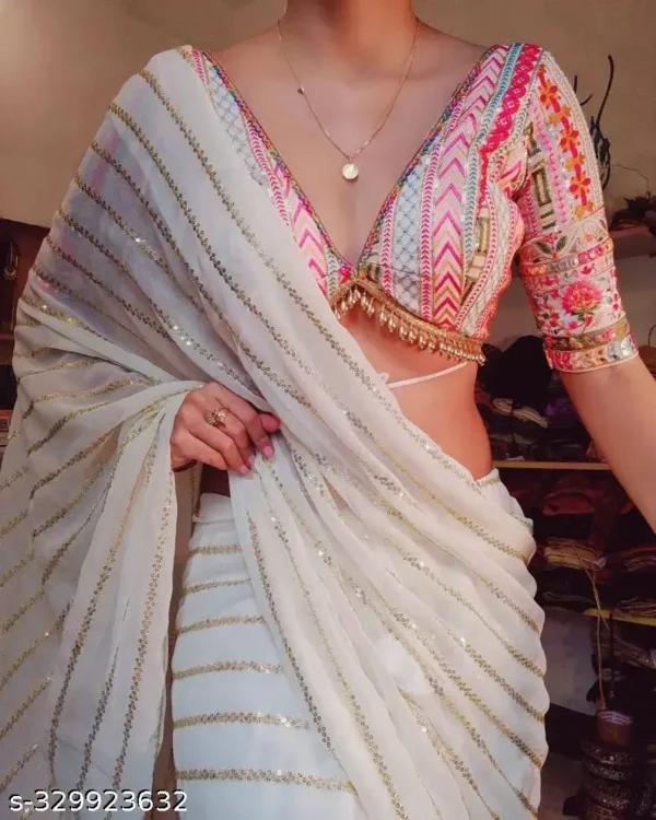 fwpiu_1024.webp White Sequined Georgette Saree with Designer Blouse