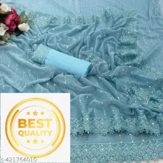 Shimmering Mirror Work Saree with Lace