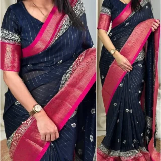 Navy Blue Floral Muslin Silk Saree