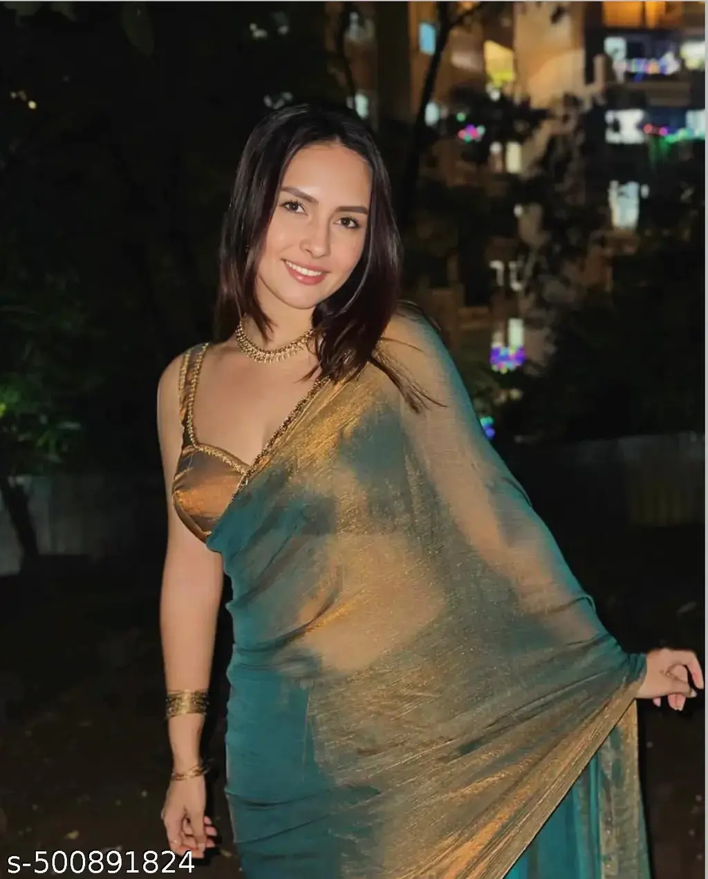 Gold & Rama Green Chiffon Silk Saree - Image 3