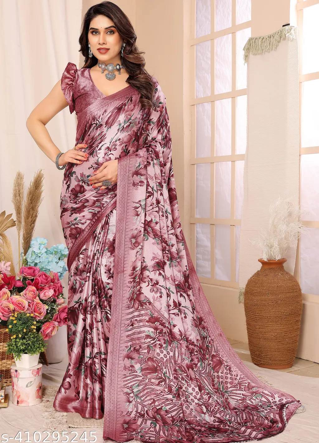 Bollywood Floral Brasso Chiffon Saree - Image 3