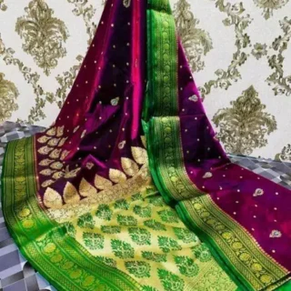 Wine Embroidered Banarasi Silk Saree