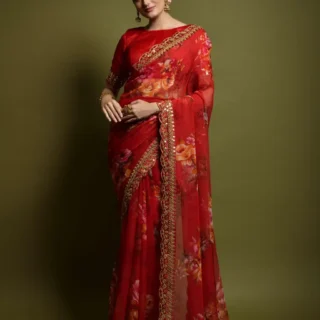 Floral Georgette Saree: Embroidered, Cutwork Lace