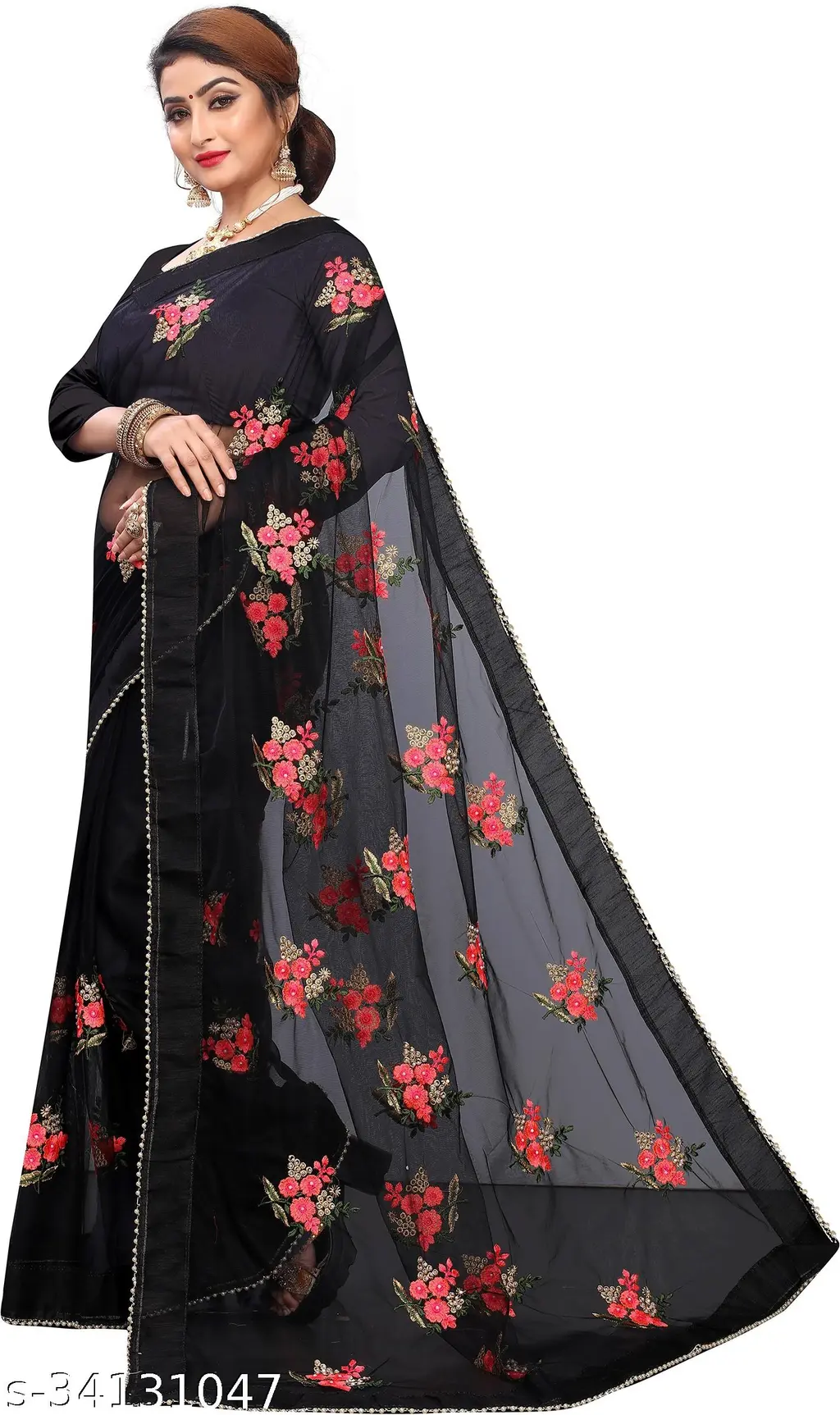 Metmarty: Embroidered Floral Saree with Moti Lace - Image 3