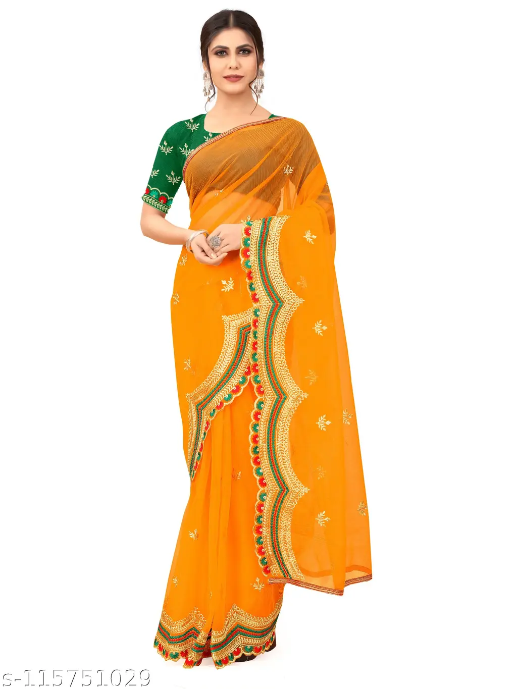 Bhagalpuri Embroidered Yellow Net Saree - Image 2