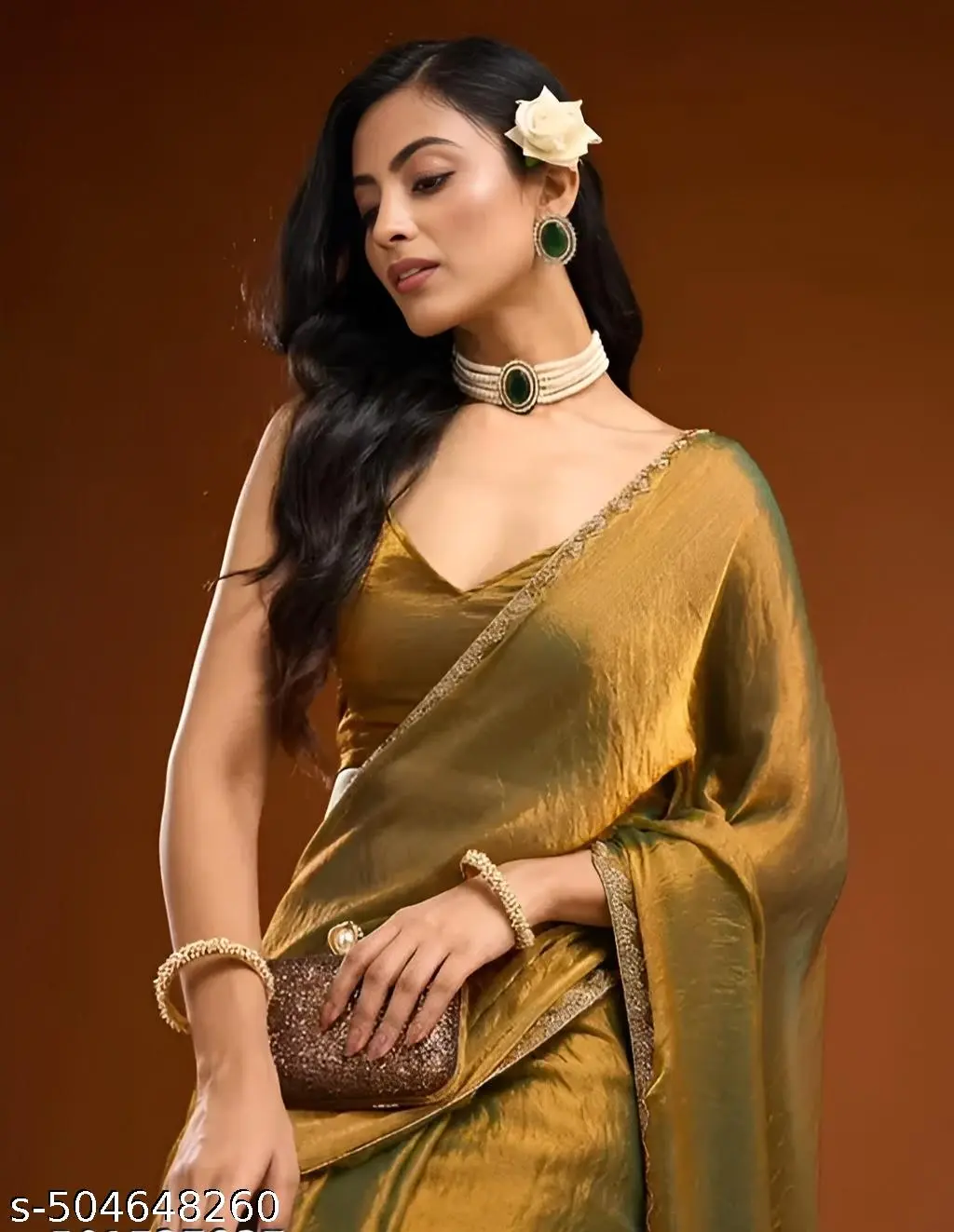 Golden Chiffon Lace Saree - Image 4