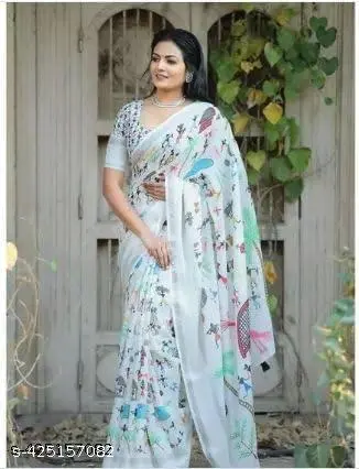 Gorgeous Floral Linen Cotton Saree - Image 4