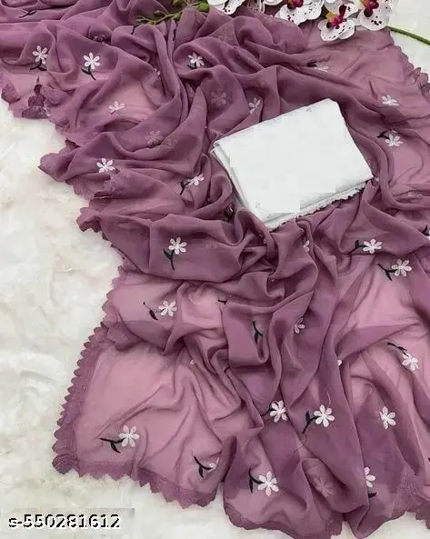 Embroidered Georgette Saree with White Blouse - Image 3