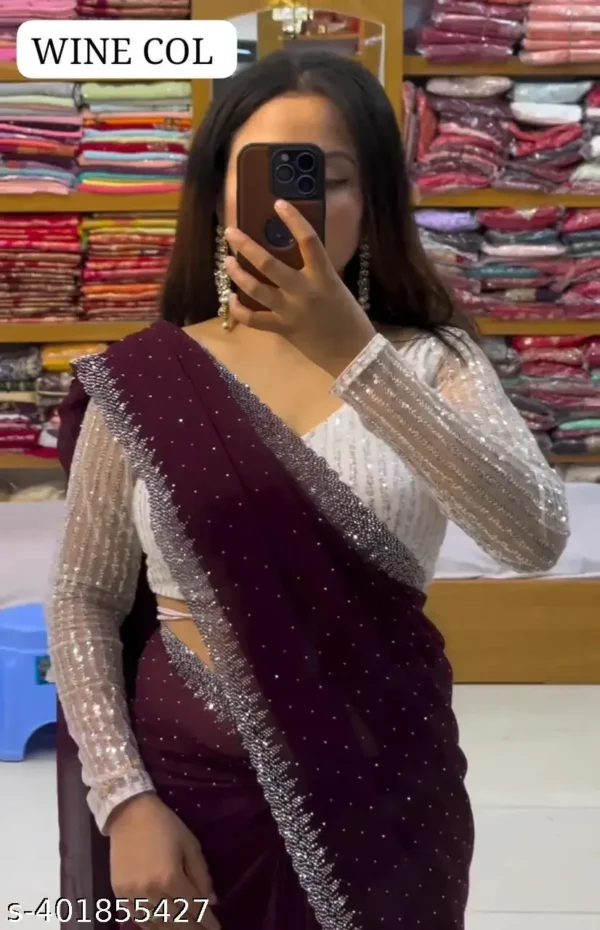 White Georgette Saree: Beaded, Sequence Blouse