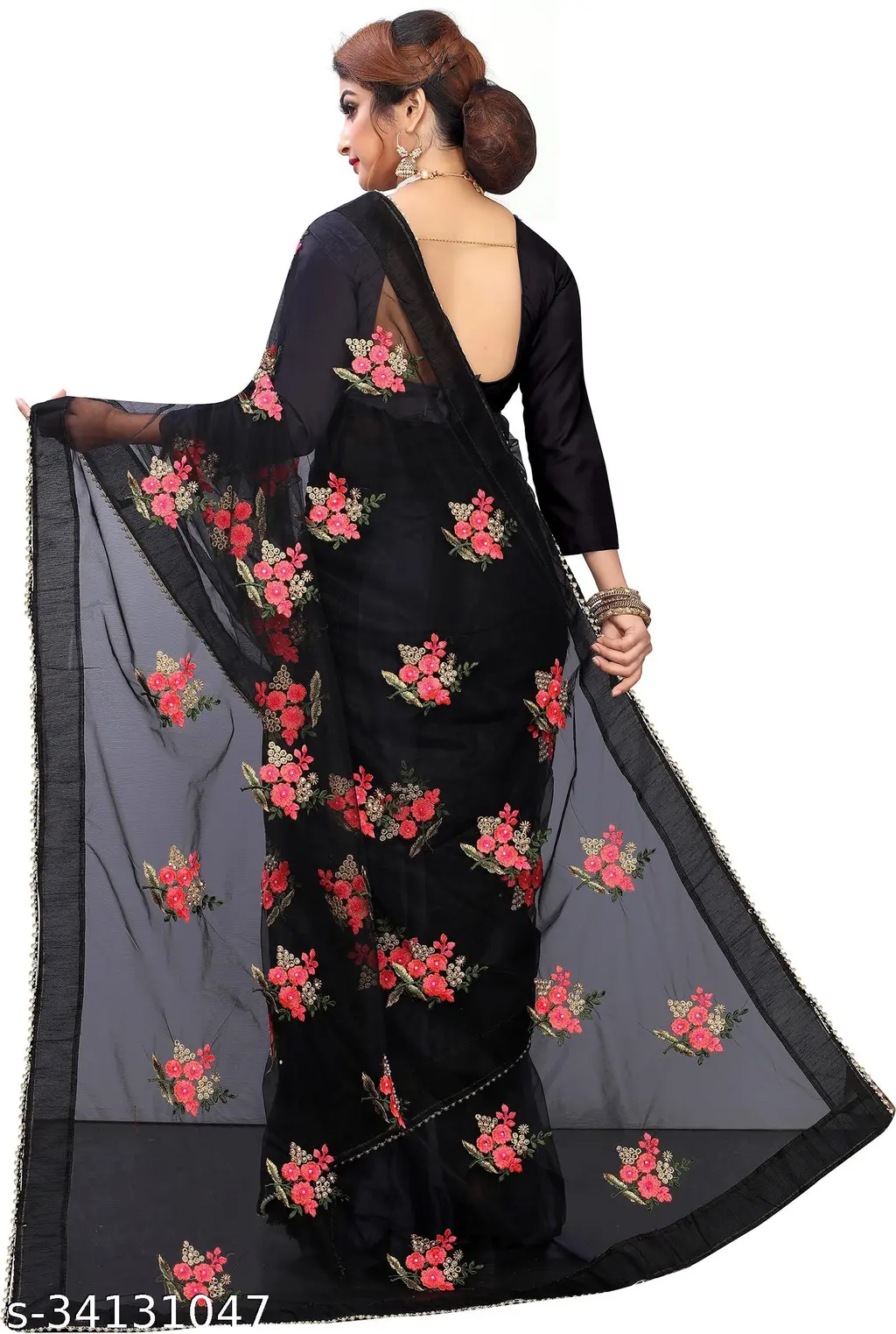 Metmarty: Embroidered Floral Saree with Moti Lace - Image 4