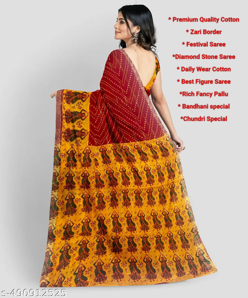 Krishna Nx Bandej Print Cotton Saree - Image 3