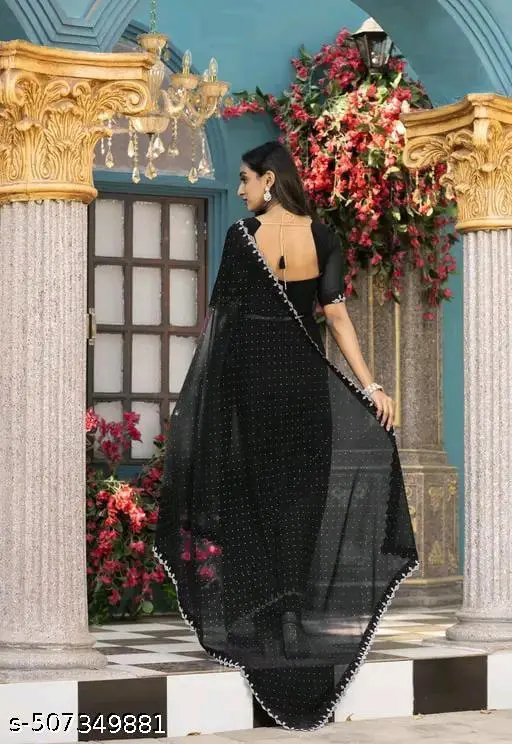 Satin Silk Saree: Beaded, Stone Border - Image 3